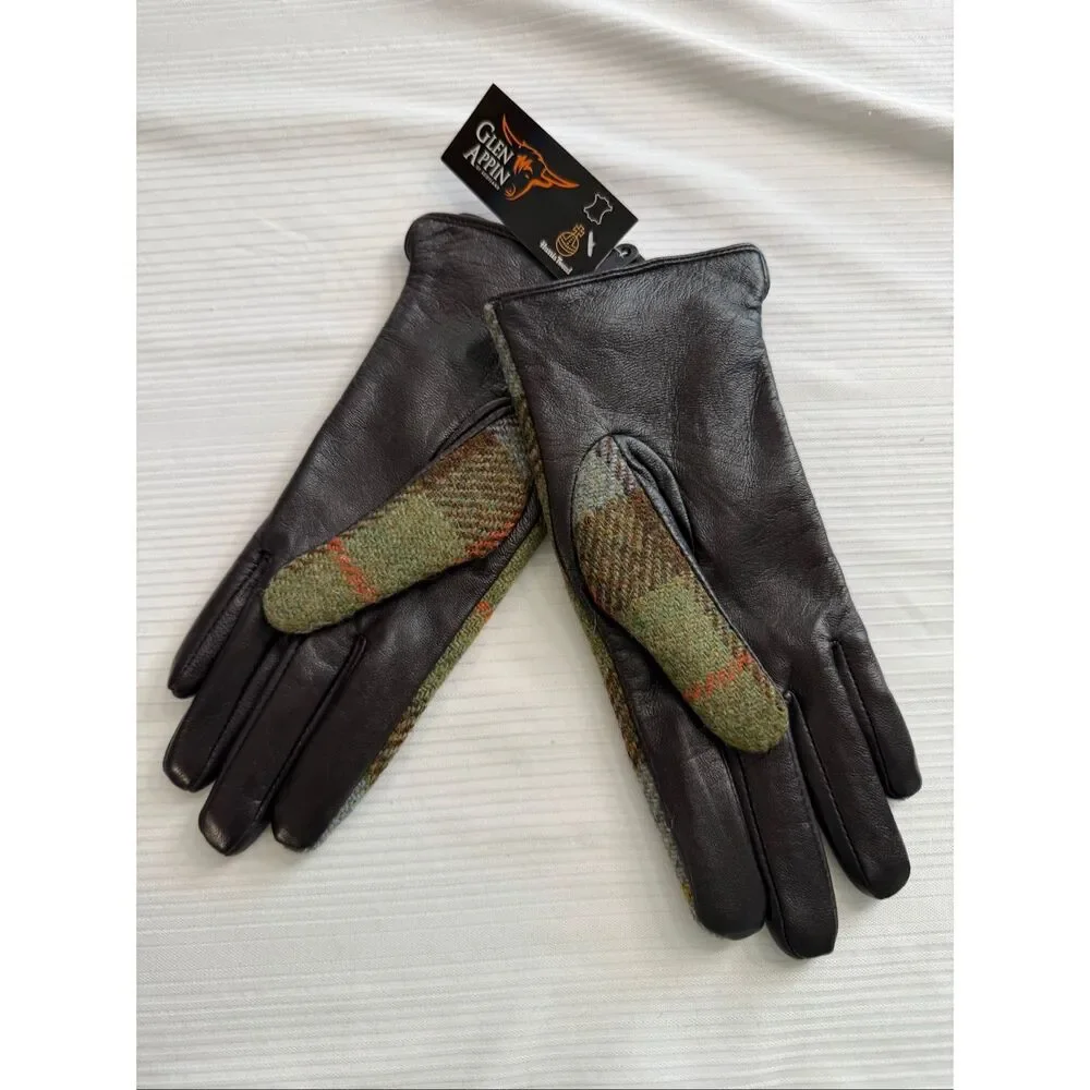 Glen Appin Wool Harris Tweed Gloves Women Size Small Scotland Blue Brown Plaid
